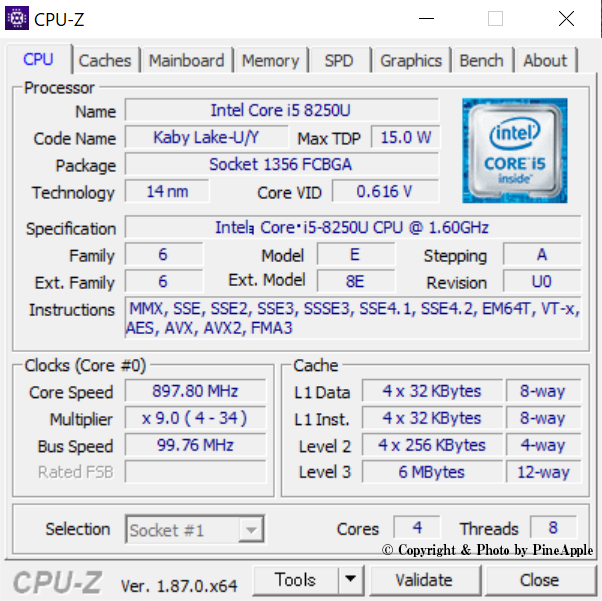 Surface Laptop 2：CPU（Intel Core i5 8250U）