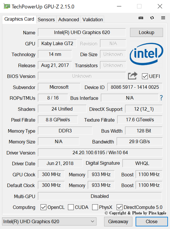 Surface Laptop 2：GPU（Intel UHD Graphics 620）