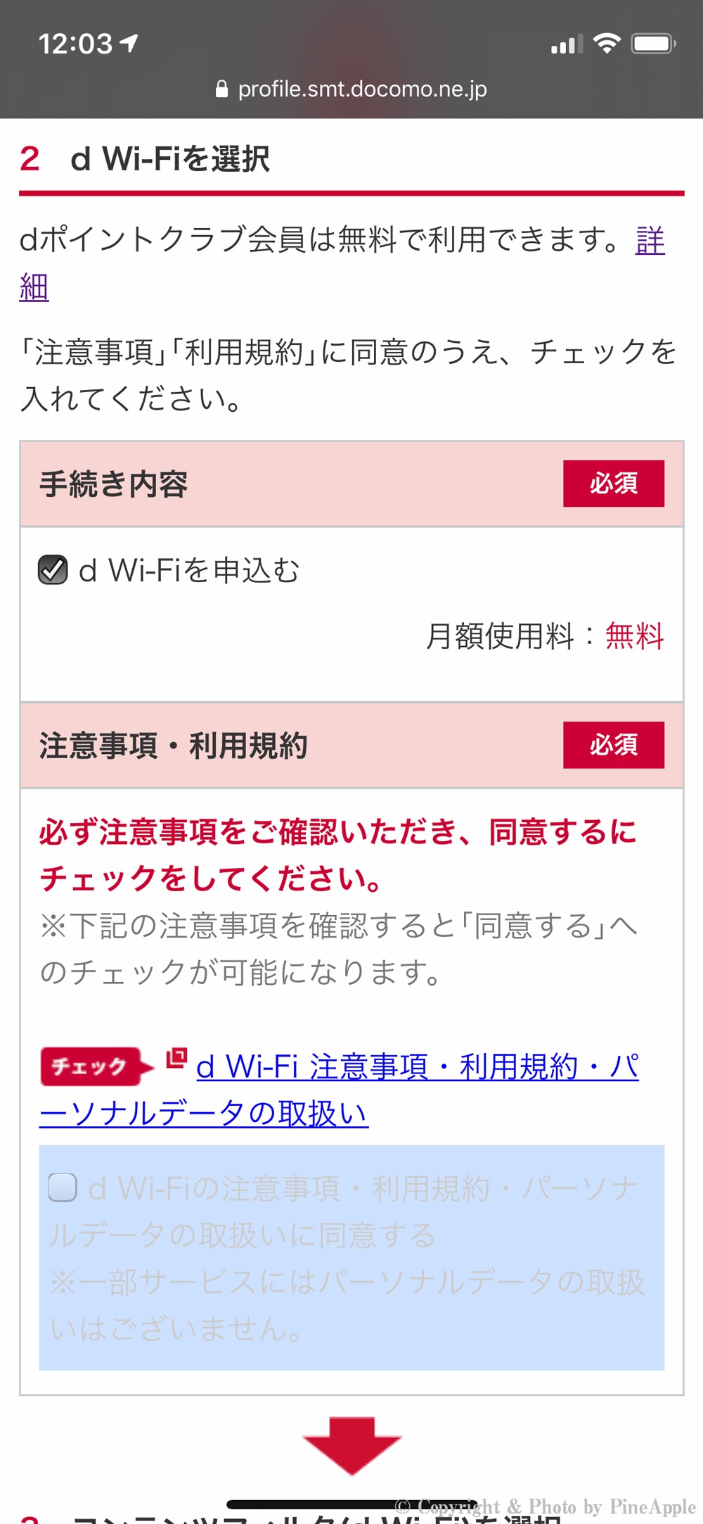 d Wi-Fi：[d Wi-Fi 注意事項・利用規約・パーソナルデータの取扱い] をタップ