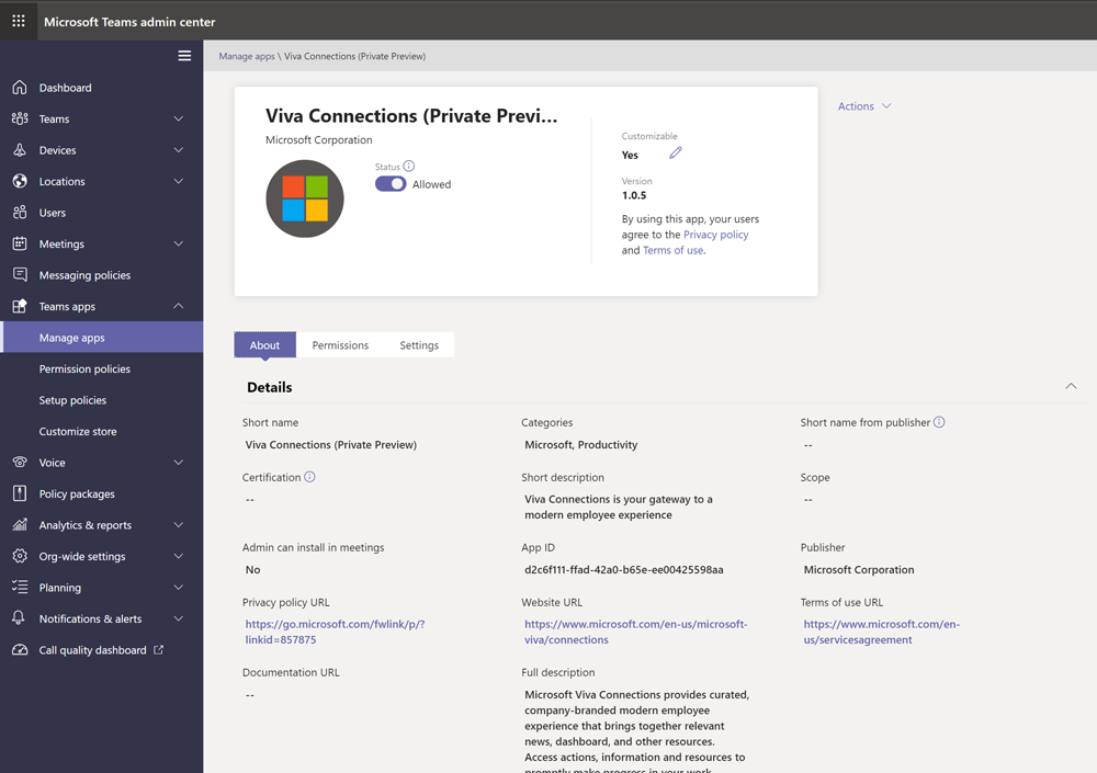 Viva Connections (Private preview) app visible in Teams - MC276017