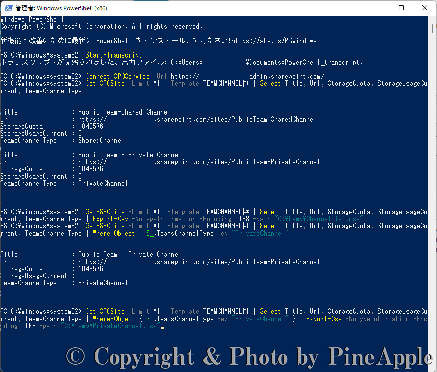 Windows PowerShell："Get-SPOSite -Limit All -Template TEAMCHANNEL#1 | Select Title, Url, StorageQuota, StorageUsageCurrent, TeamsChannelType | Where-Object { $_.TeamsChannelType -eq "PrivateChannel" } | Export-Csv -NoTypeInformation -Encoding UTF8 -path "<ファイルのパス>"" を入力し、[Enter] を押し、csv ファイルとして出力します。