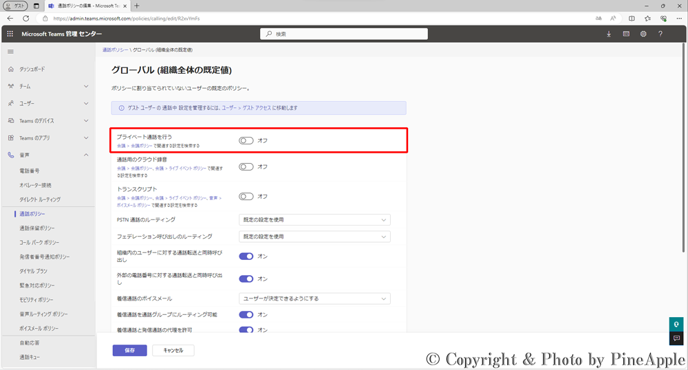 Microsoft Teams："プライベート通話を行う" の設定値をオフ