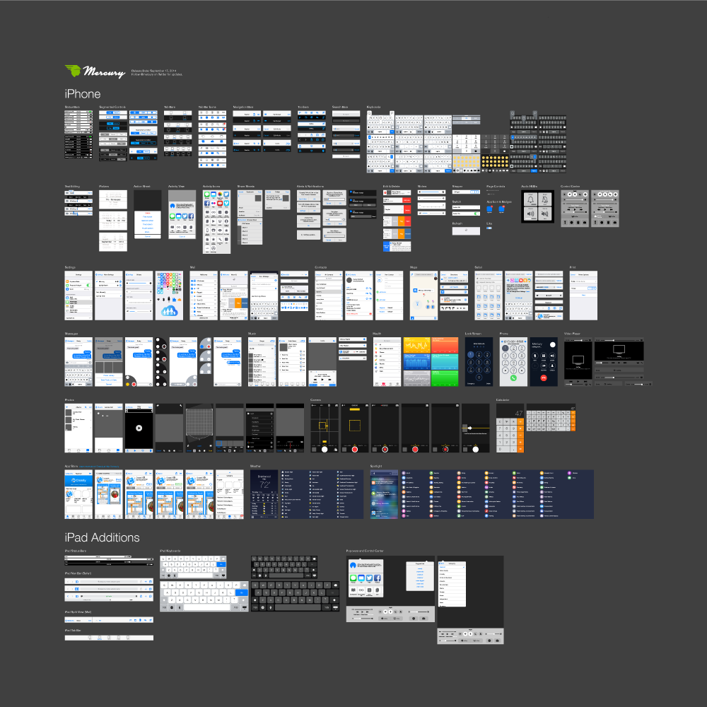 【Mercury】”iOS 8″ のベクター画像ベースの素材集 “iOS 8 Illustrator vector UI Kit” を公開のサムネイル画像