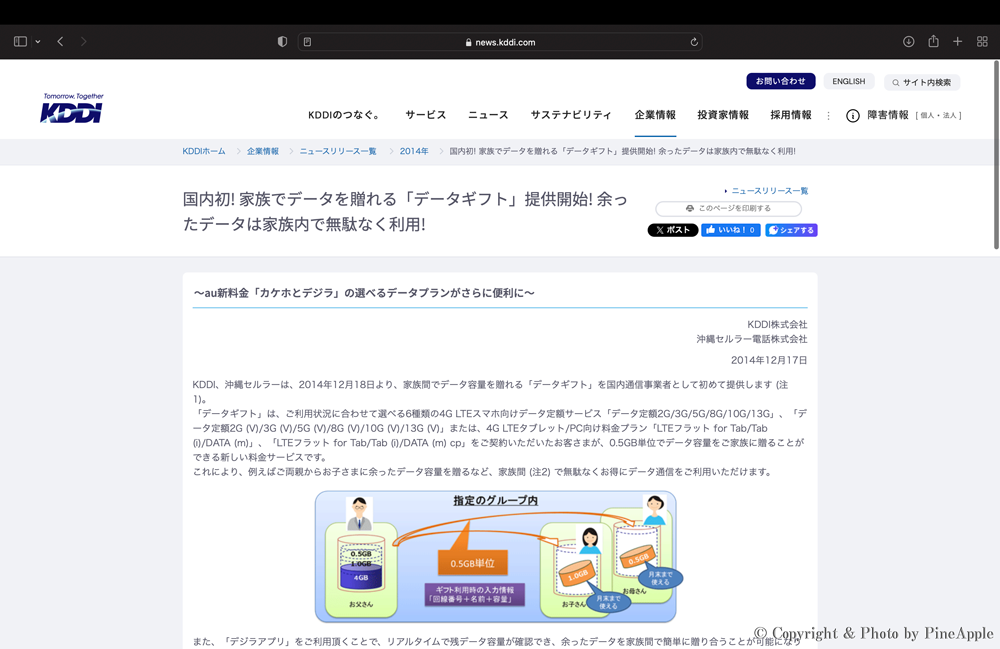 【au】家族間でデータ通信容量を贈れる “データ ギフト” の提供開始へのサムネイル画像